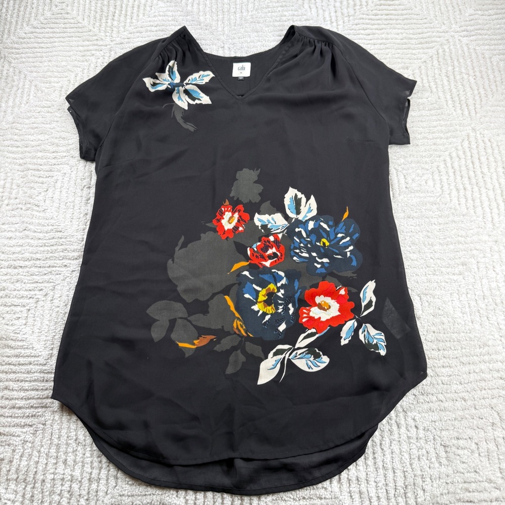 Cabi Floral V-Neck Blouse Womens M Black Short Sleeve Top Botanical Work Office